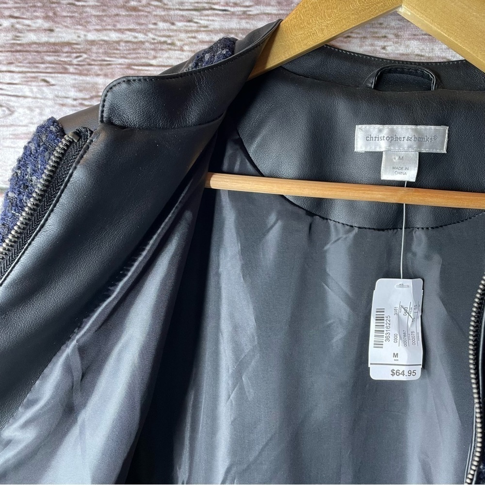 🏷️NWT‎ Christopher & Banks Nubby Tweed Bomber Jacket Medium Faux Leather Panels - Picture 5 of 13